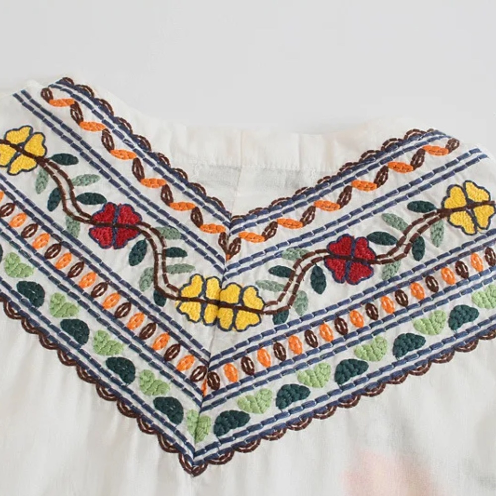 Boho Floral Embroidered Batwing Sleeve Blouse Ruffle Mini Skirt Set - Picture 9 of 14